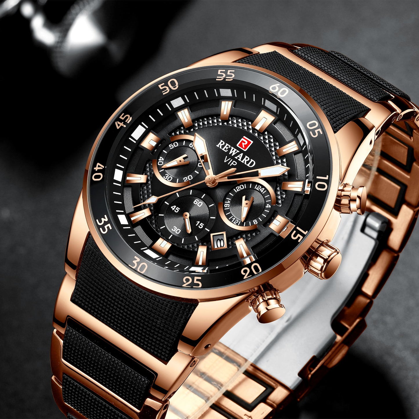 REWARD - RELOJ DE LUJO NEGRO Y DETALLE DORADO