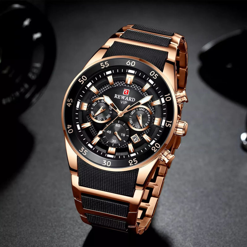 REWARD - RELOJ DE LUJO NEGRO Y DETALLE DORADO